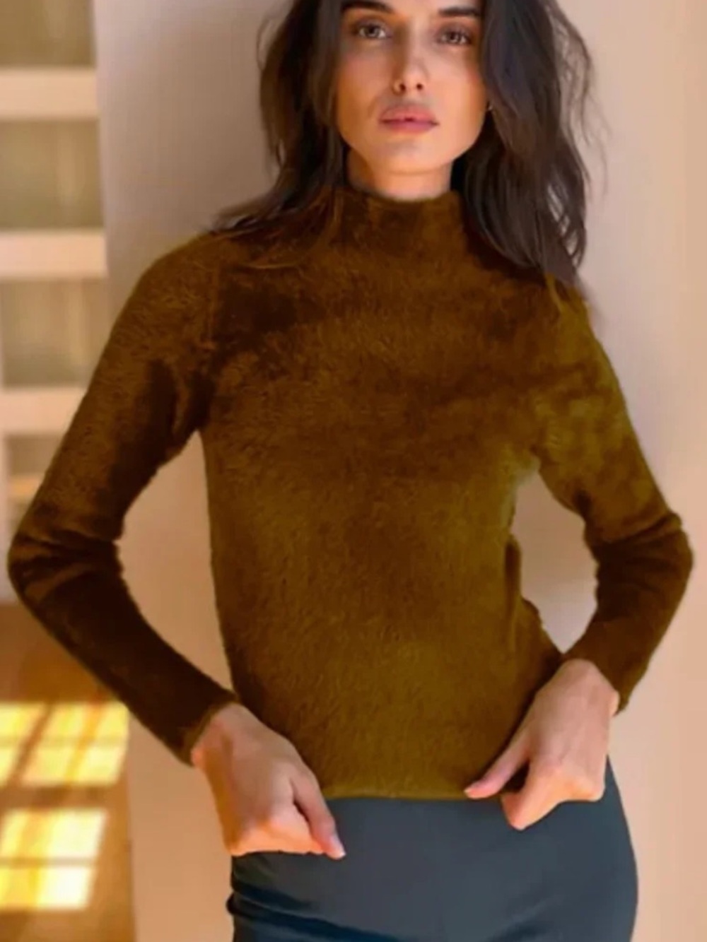 Babaton | Women’s Tan Mock Collar Fuzzy Long Sleeve Teddy Bear Eyelash Sweater S